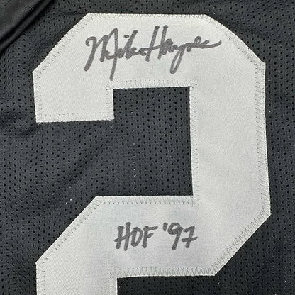 Framed Autographed Michael Mike Haynes 35x39 HOF 97 Oakland Black Football Jersey Beckett BAS COA | Certified Authentic Signed Memorabilia | vintageantiquesgifts.com