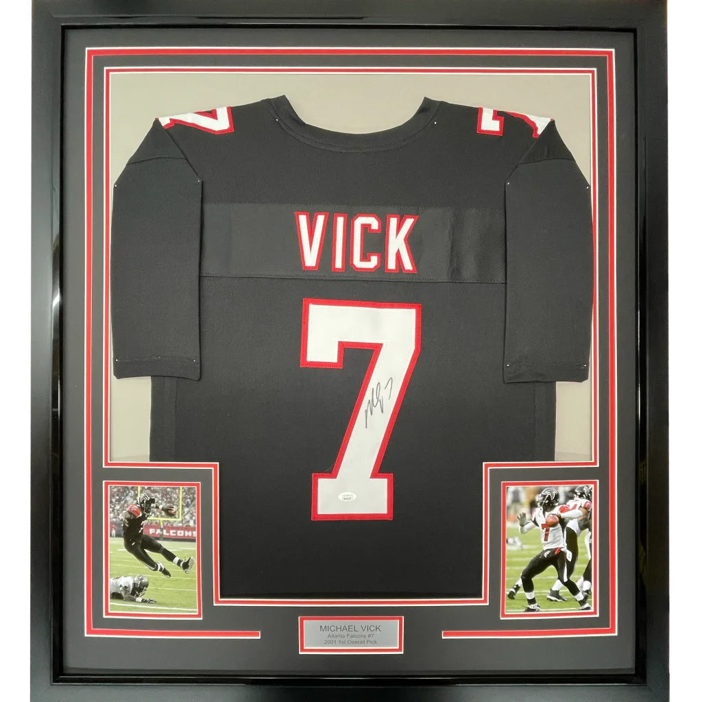 Framed Autographed Michael Mike Vick 35x39 Atlanta Retro Black Football Jersey JSA COA | Hall of Fame Sports Memorabilia | vintageantiquesgifts.com