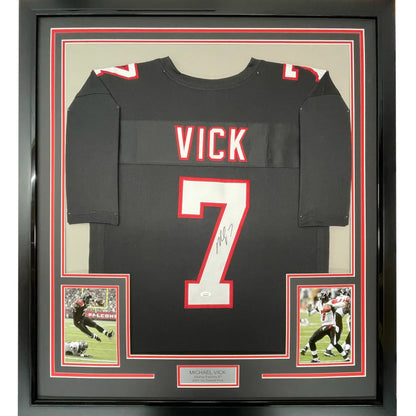 Framed Autographed Michael Mike Vick 35x39 Atlanta Retro Black Football Jersey JSA COA | Hall of Fame Sports Memorabilia | vintageantiquesgifts.com