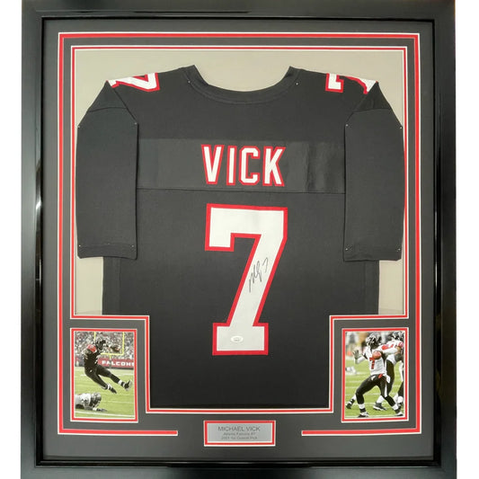 Framed Autographed Michael Mike Vick 35x39 Atlanta Retro Black Football Jersey JSA COA | Hall of Fame Sports Memorabilia | vintageantiquesgifts.com