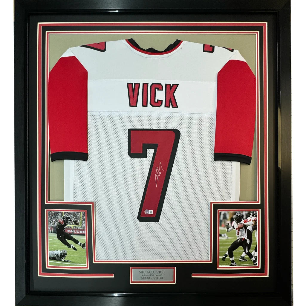 Framed Autographed Michael Mike Vick 35x39 Atlanta White Football Jersey PSA/DNA COA | Hall of Fame Sports Memorabilia | vintageantiquesgifts.com