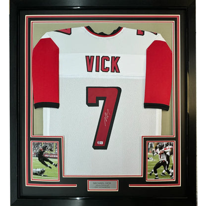 Framed Autographed Michael Mike Vick 35x39 Atlanta White Football Jersey PSA/DNA COA | Hall of Fame Sports Memorabilia | vintageantiquesgifts.com