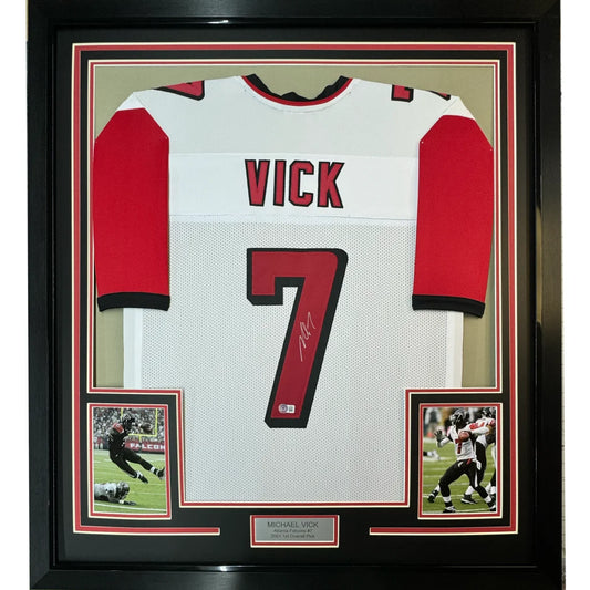 Framed Autographed Michael Mike Vick 35x39 Atlanta White Football Jersey PSA/DNA COA | Hall of Fame Sports Memorabilia | vintageantiquesgifts.com