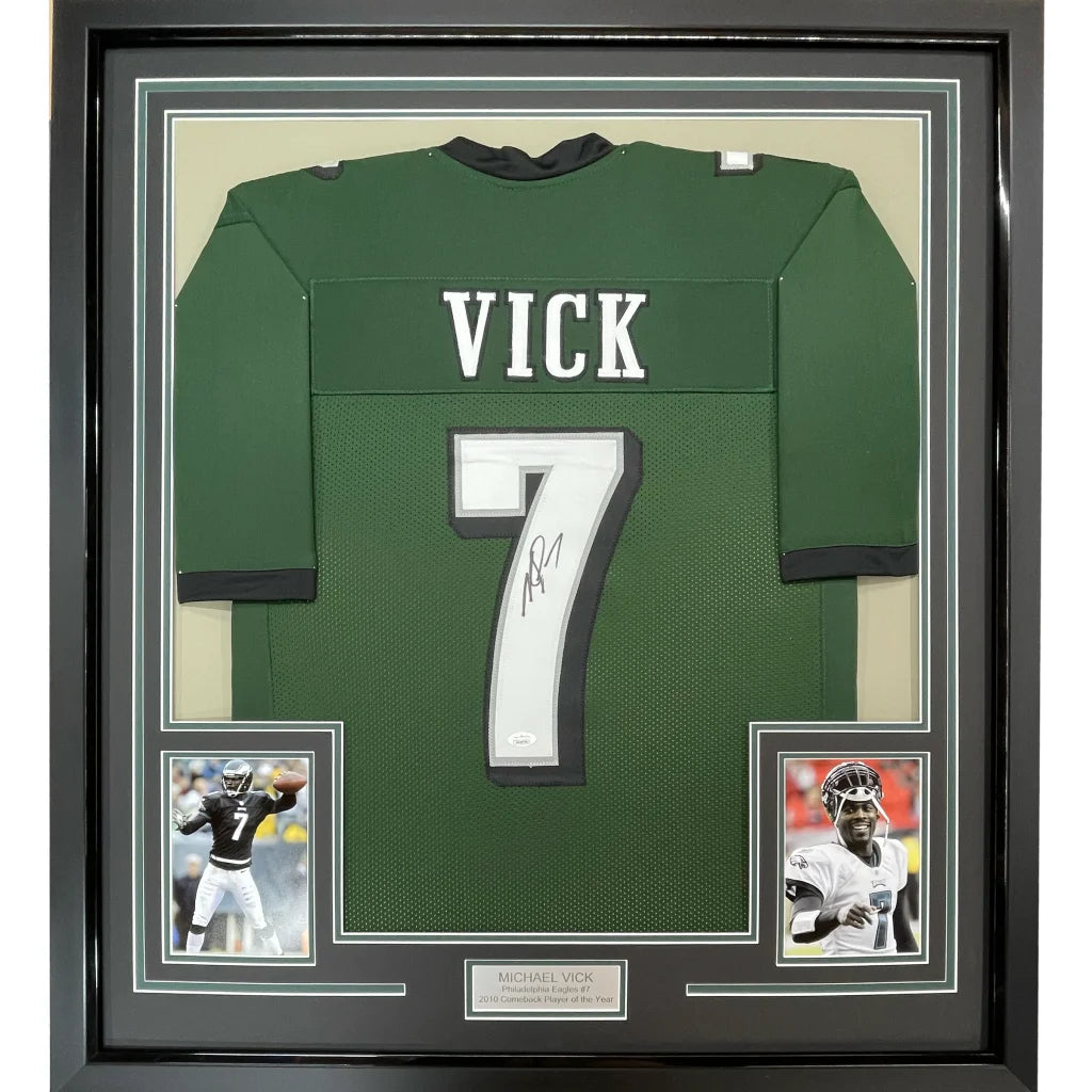 Framed Autographed Michael Mike Vick 35x39 Philadelphia Green Football Jersey PSA/DNA COA | Hall of Fame Sports Memorabilia | vintageantiquesgifts.com