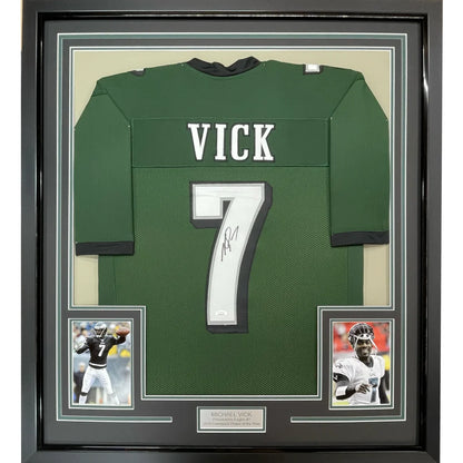 Framed Autographed Michael Mike Vick 35x39 Philadelphia Green Football Jersey PSA/DNA COA | Hall of Fame Sports Memorabilia | vintageantiquesgifts.com