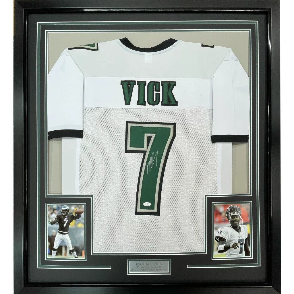 Framed Autographed Michael Mike Vick 35x39 Philadelphia White Football Jersey PSA/DNA COA | Hall of Fame Sports Memorabilia | vintageantiquesgifts.com
