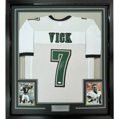Framed Autographed Michael Mike Vick 35x39 Philadelphia White Football Jersey PSA/DNA COA | Hall of Fame Sports Memorabilia | vintageantiquesgifts.com