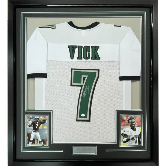 Framed Autographed Michael Mike Vick 35x39 Philadelphia White Football Jersey PSA/DNA COA | Hall of Fame Sports Memorabilia | vintageantiquesgifts.com