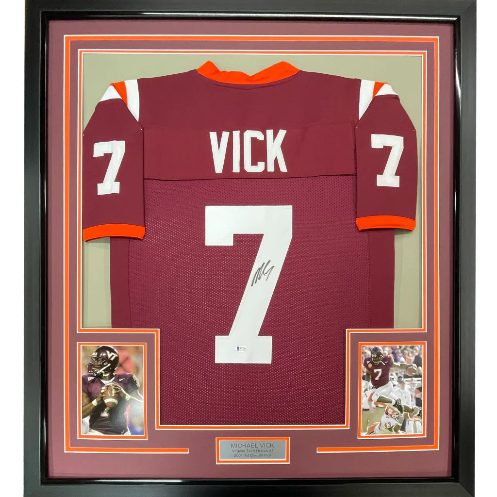Framed Autographed Michael Mike Vick 35x39 Virginia Tech Maroon College Football Jersey PSA/DNA COA | Hall of Fame Sports Memorabilia | vintageantiquesgifts.com