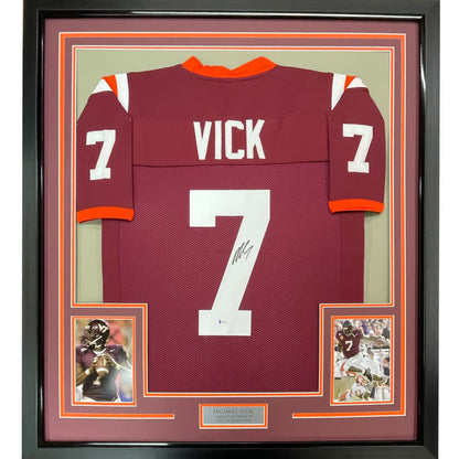 Framed Autographed Michael Mike Vick 35x39 Virginia Tech Maroon College Football Jersey PSA/DNA COA | Hall of Fame Sports Memorabilia | vintageantiquesgifts.com