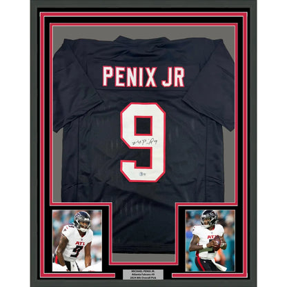 Framed Autographed Michael Penix Jr. 35x39 Atlanta Black Football Jersey Beckett BAS COA | Hall of Fame Sports Memorabilia | vintageantiquesgifts.com