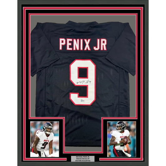Framed Autographed Michael Penix Jr. 35x39 Atlanta Black Football Jersey Beckett BAS COA | Hall of Fame Sports Memorabilia | vintageantiquesgifts.com