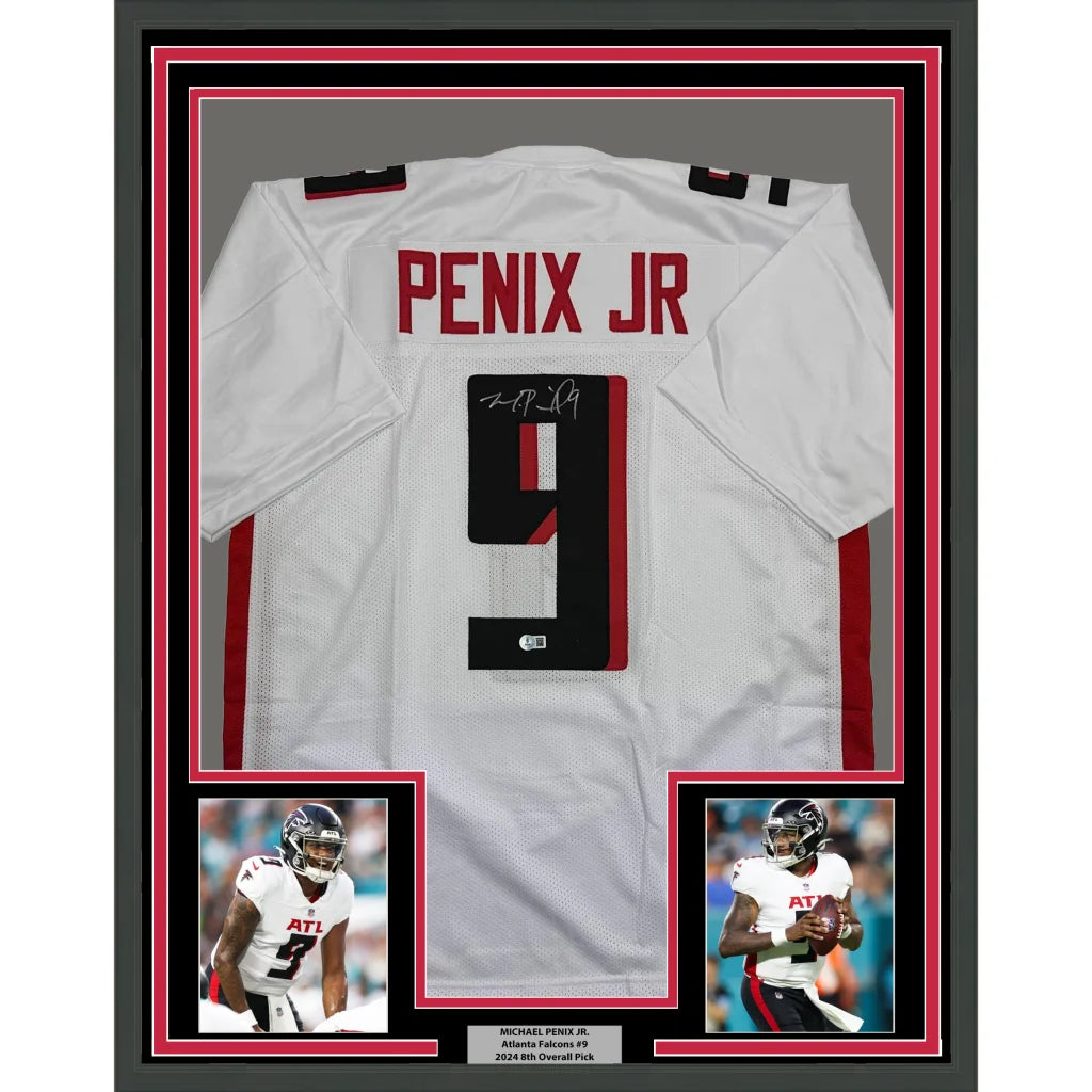 Framed Autographed Michael Penix Jr. 35x39 Atlanta White Football Jersey Beckett BAS COA | Hall of Fame Sports Memorabilia | vintageantiquesgifts.com
