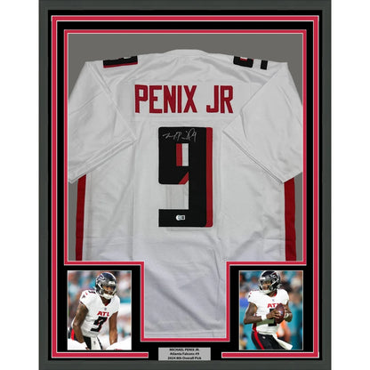 Framed Autographed Michael Penix Jr. 35x39 Atlanta White Football Jersey Beckett BAS COA | Hall of Fame Sports Memorabilia | vintageantiquesgifts.com