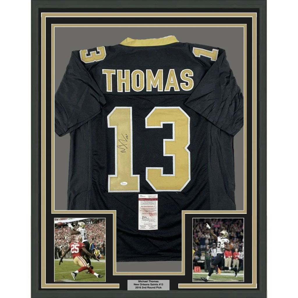 Framed autographed black and gold Michael Thomas Saints jersey, number 13, JSA COA