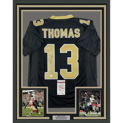 Framed autographed black and gold Michael Thomas Saints jersey, number 13, JSA COA