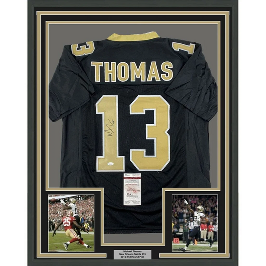 Framed Autographed Michael Thomas 35x39 New Orleans Black Football Jersey JSA COA | Hall of Fame Sports Memorabilia | vintageantiquesgifts.com