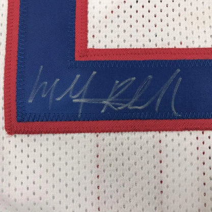 Framed autographed michael ray richardson white mesh basketball jersey with blue and red trim and silver stitched signature