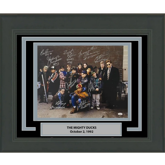 Framed Mighty Ducks cast signed 16x20 baseball photo with 10 autographs for fans