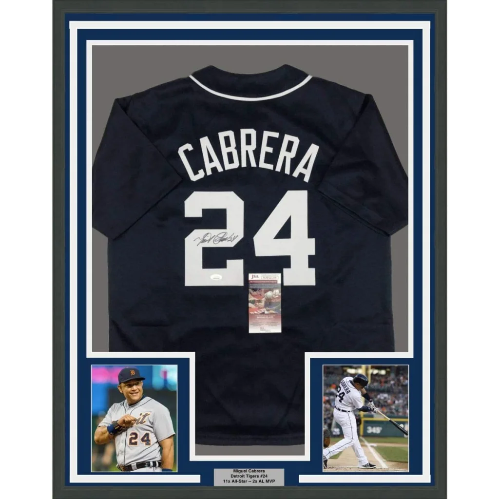 Framed autographed Detroit Tigers Miguel Cabrera navy blue jersey with JSA COA