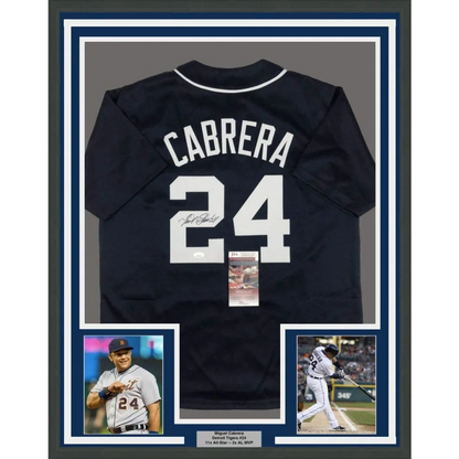 Framed autographed Detroit Tigers Miguel Cabrera navy blue jersey with JSA COA