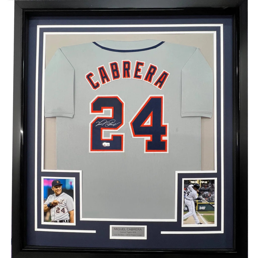 Framed autographed Miguel Cabrera Detroit Tigers gray jersey back with number 24