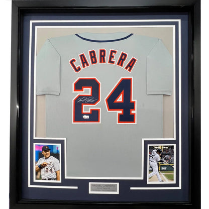Framed autographed Miguel Cabrera Detroit Tigers gray jersey back with number 24