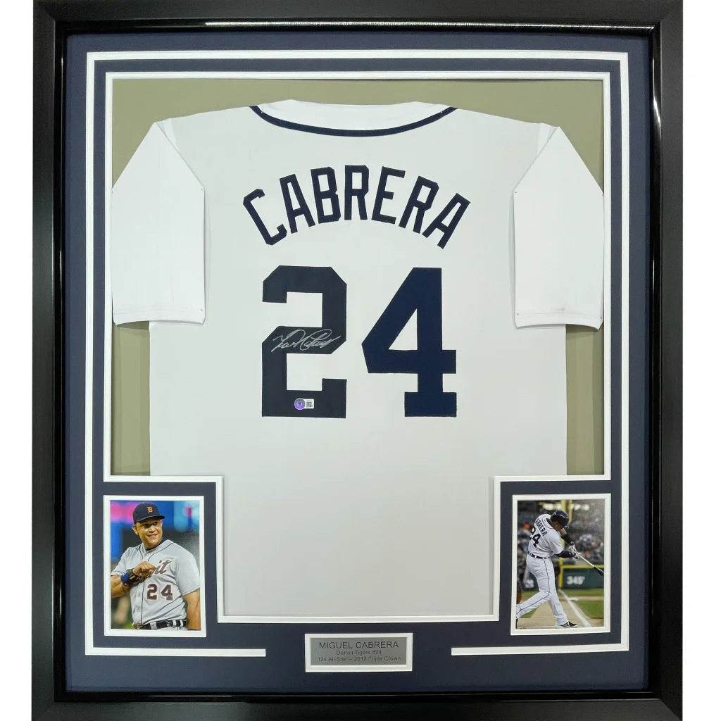 Framed autographed Miguel Cabrera Detroit white baseball jersey back, number 24