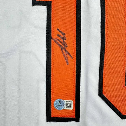 Framed Autographed Miguel Tejada 35x39 Baltimore White Baseball Jersey Beckett BAS COA | Certified Authentic Signed Memorabilia | vintageantiquesgifts.com