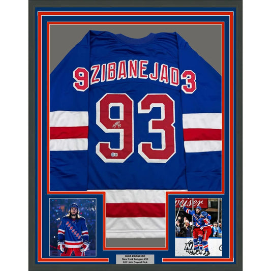 Framed autographed Mika Zibanejad New York Rangers blue jersey with number 93