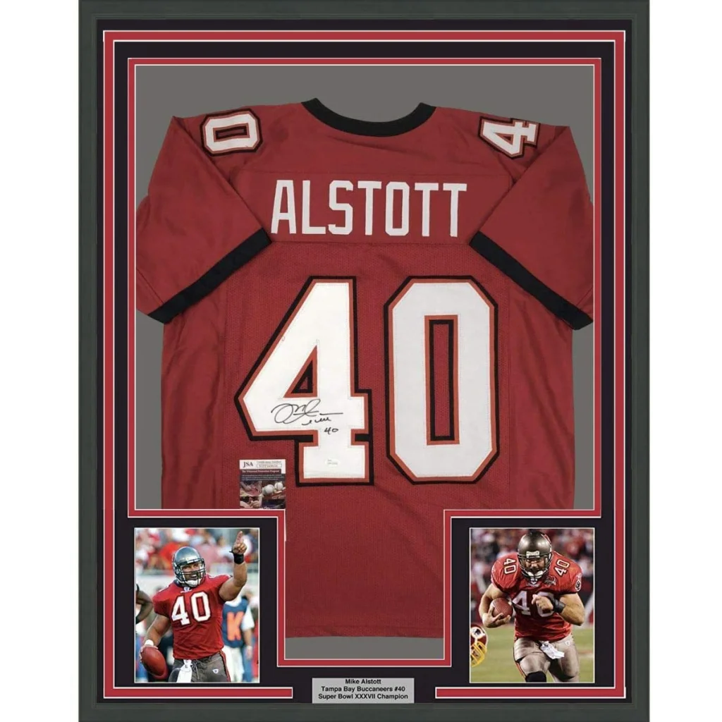 Framed autographed Mike Alstott red Tampa Bay Buccaneers jersey back, number 40