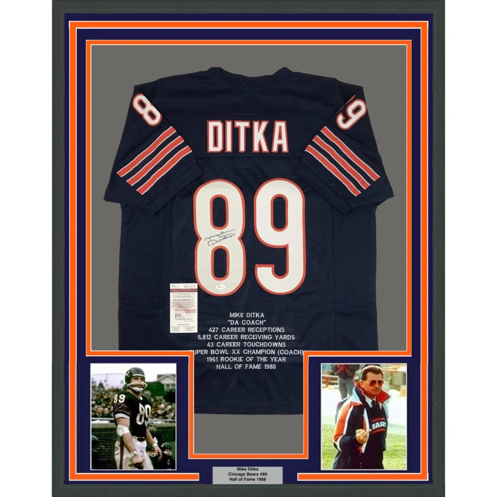 Framed Autographed Mike Ditka 35x39 Chicago Blue Stat Football Jersey JSA COA | Hall of Fame Sports Memorabilia | vintageantiquesgifts.com