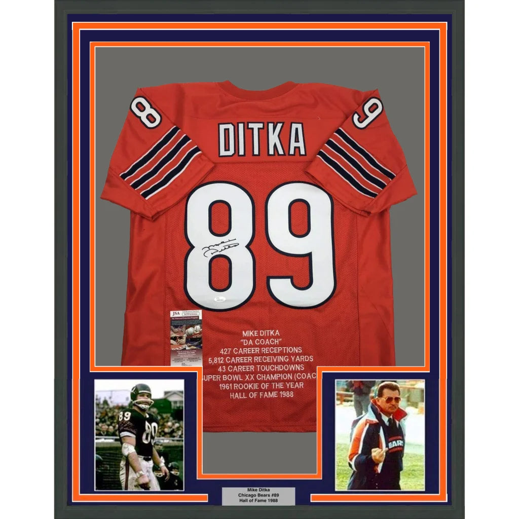 Framed Autographed Mike Ditka 35x39 Chicago Orange Stat Football Jersey JSA COA | Hall of Fame Sports Memorabilia | vintageantiquesgifts.com