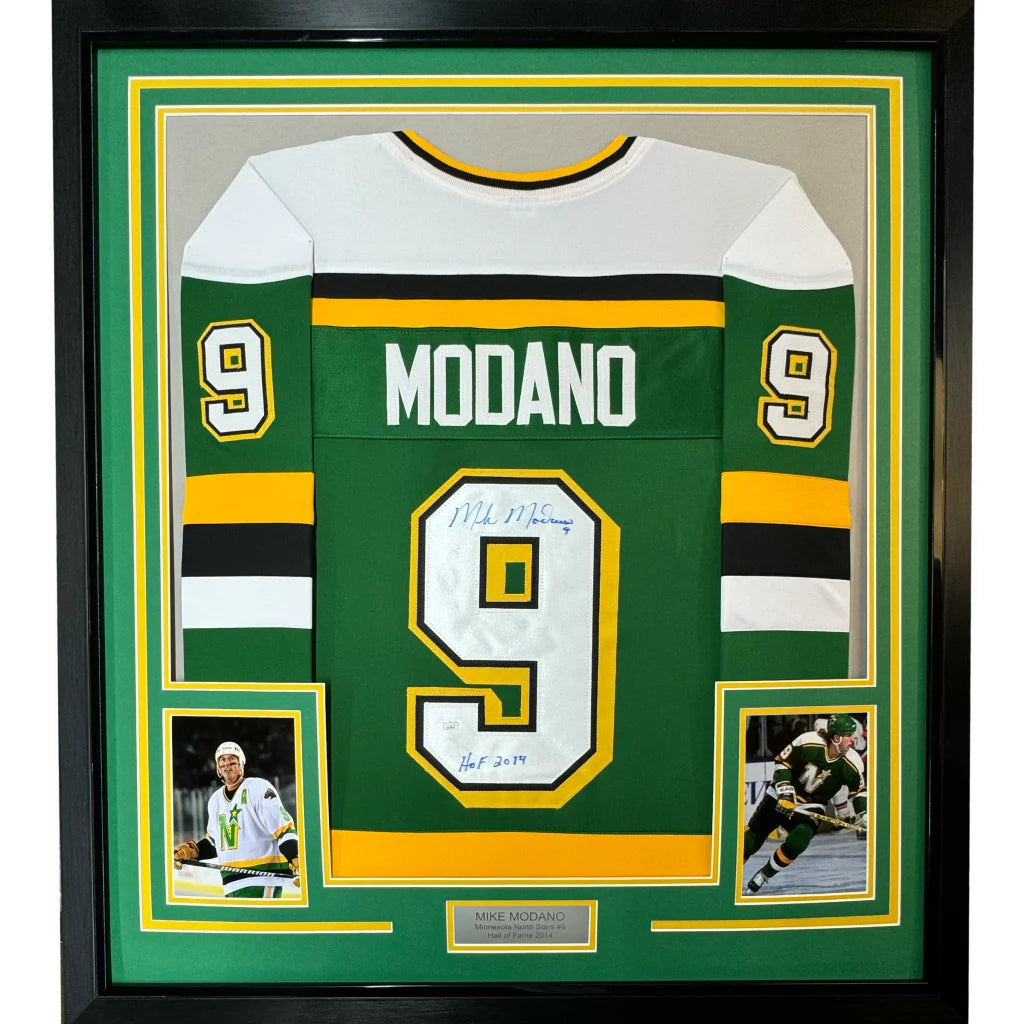 Framed signed Green Bay Packers jersey with Mike Modano, number 9, and photos