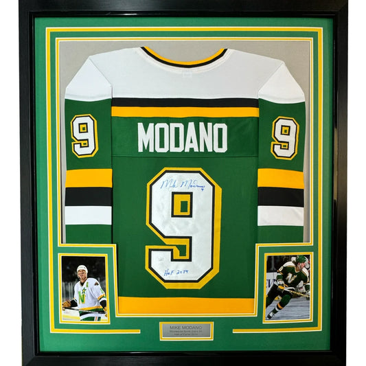Framed signed Green Bay Packers jersey with Mike Modano, number 9, and photos
