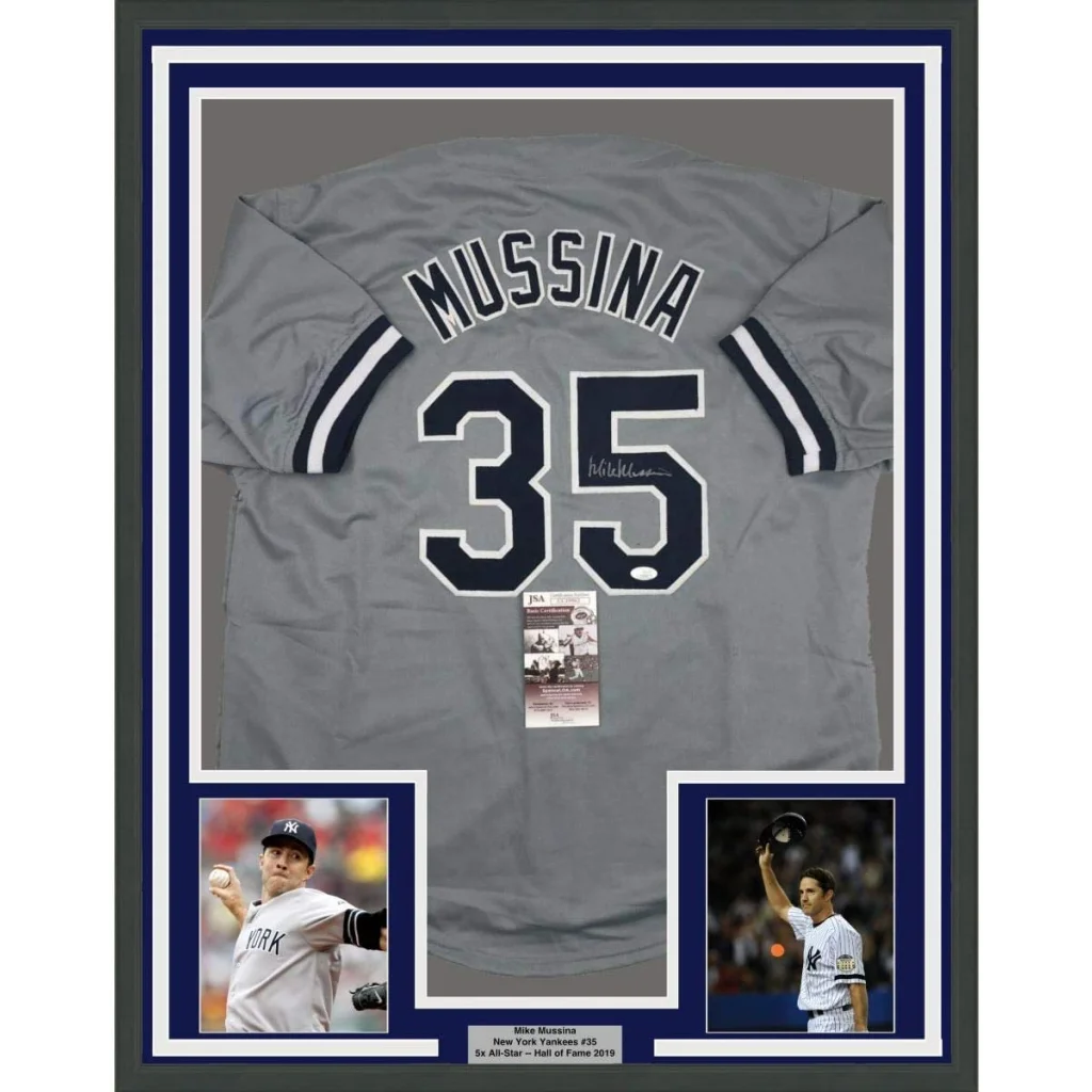 Professionally framed Mike Mussina Yankees jersey with JSA COA and player photos