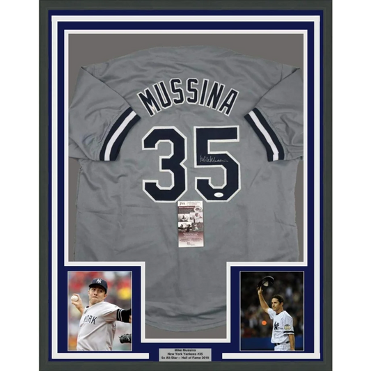 Professionally framed Mike Mussina Yankees jersey with JSA COA and player photos