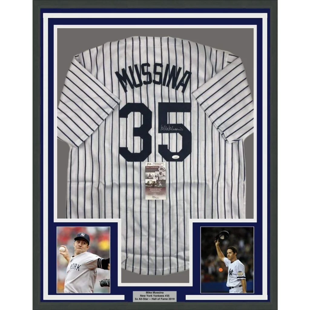 Framed Autographed Mike Mussina 35x39 New York Pinstripe Baseball Jersey JSA COA | Hall of Fame Sports Memorabilia | vintageantiquesgifts.com