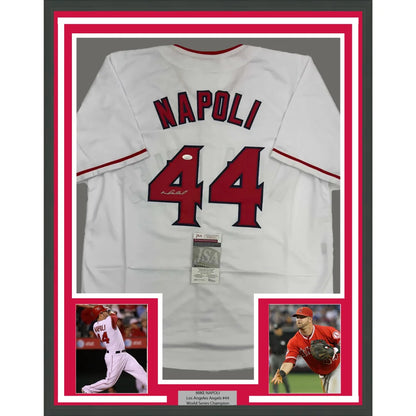 Framed Autographed Mike Napoli 35x39 Los Angeles LA Anaheim White Baseball Jersey JSA COA | Hall of Fame Sports Memorabilia | vintageantiquesgifts.com
