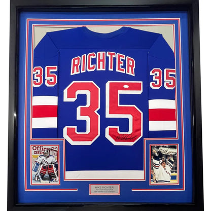 Framed Autographed Mike Richter 35x39 New York Blue Hockey Jersey PSA/DNA COA | Hall of Fame Sports Memorabilia | vintageantiquesgifts.com