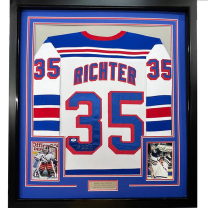 Framed signed Mike Richter New York Rangers jersey with player photos and plaque