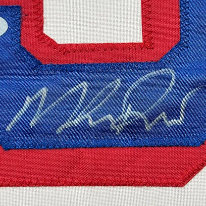 Autographed blue and red Mike Richter Rangers jersey fabric ready to hang