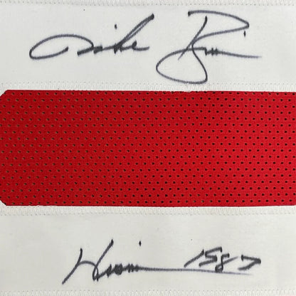 Autographed red and white Mike Rozier jersey with player photos display