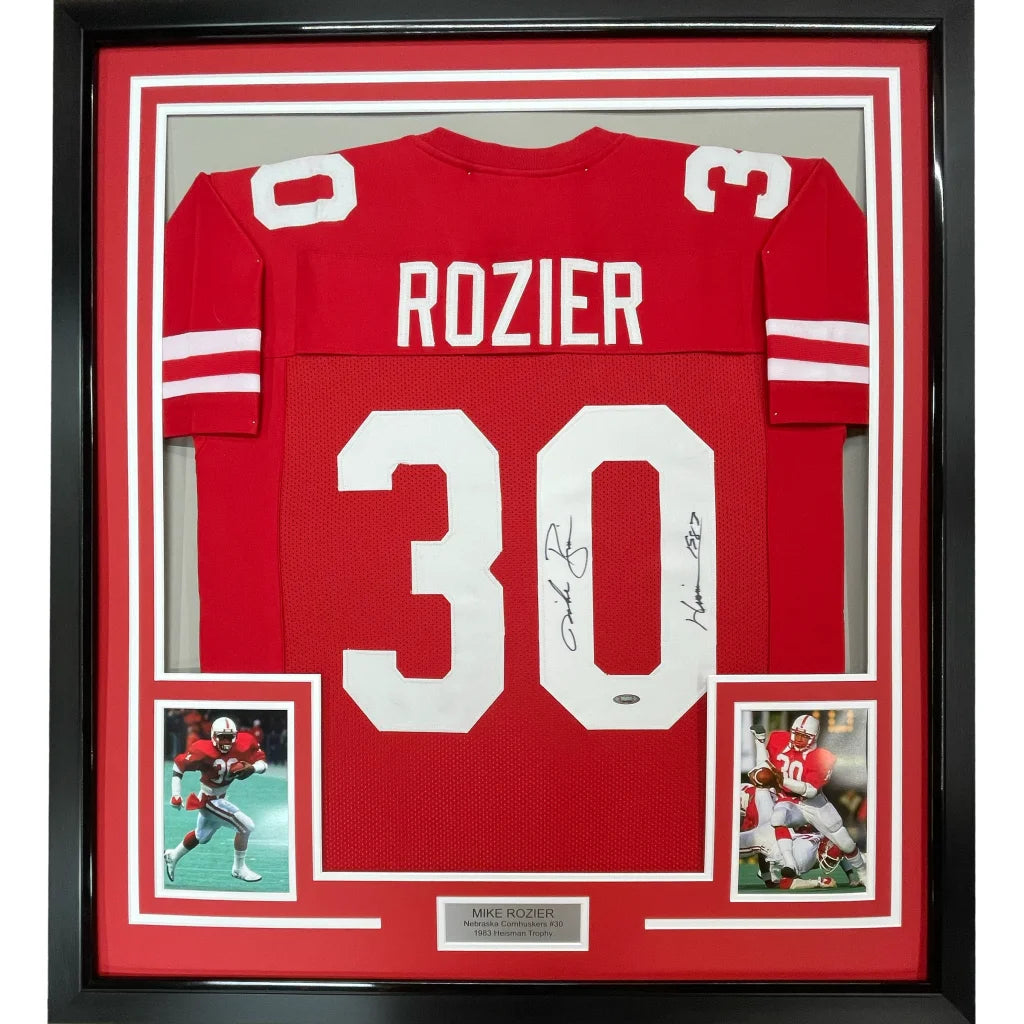 Framed autographed Mike Rozier 1983 Heisman Nebraska red jersey with Rozier 30