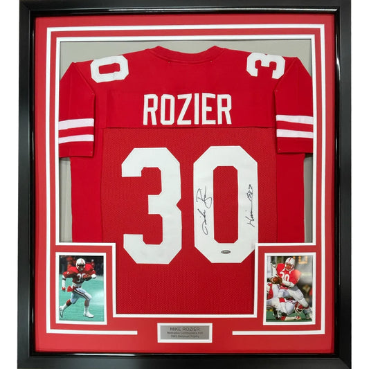 Framed Autographed Mike Rozier 35x39 Heisman 1983 Nebraska Red College Football Jersey JSA COA | Hall of Fame Sports Memorabilia | vintageantiquesgifts.com