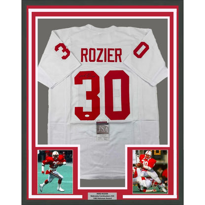 Framed Autographed Mike Rozier 35x39 Nebraska White College Football Jersey JSA COA | Hall of Fame Sports Memorabilia | vintageantiquesgifts.com