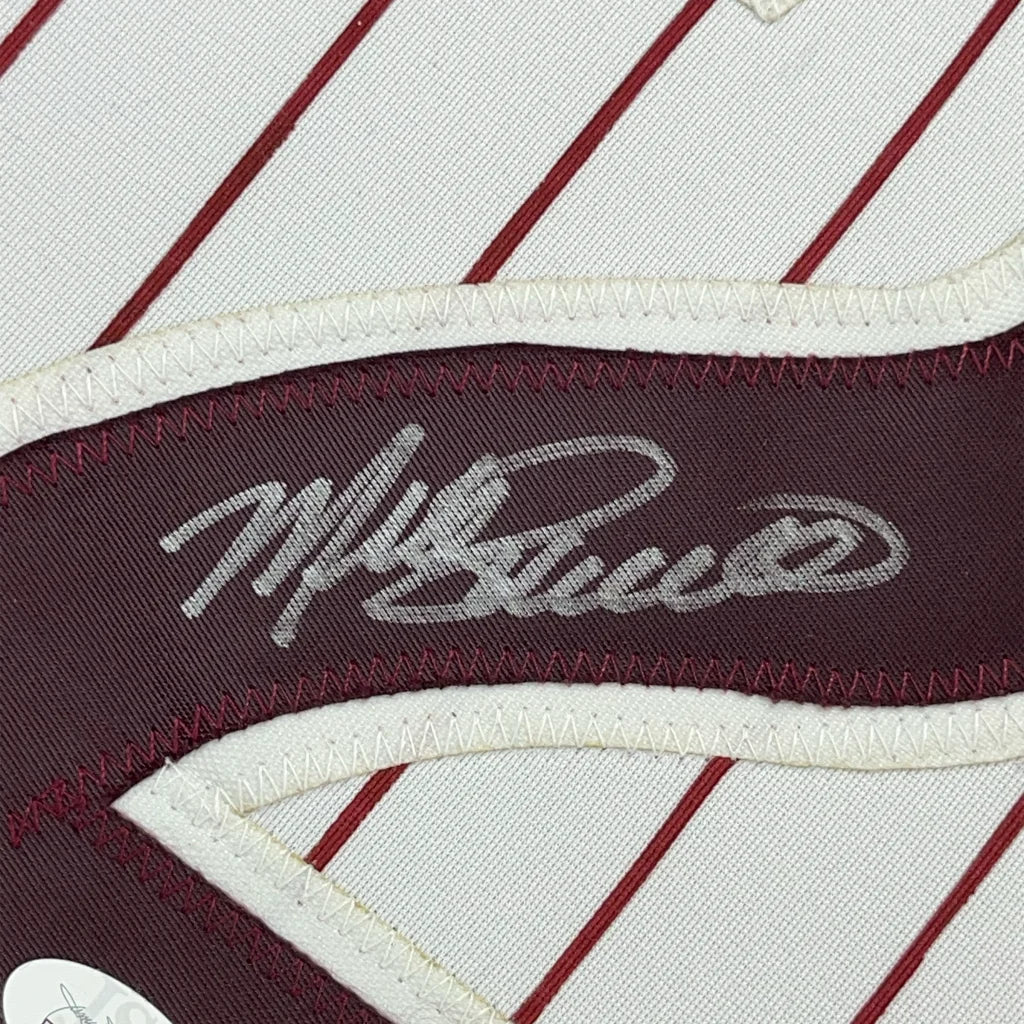Framed Autographed Mike Schmidt 35x39 Philadelphia Pinstripe Baseball Jersey JSA COA | Certified Authentic Signed Memorabilia | vintageantiquesgifts.com