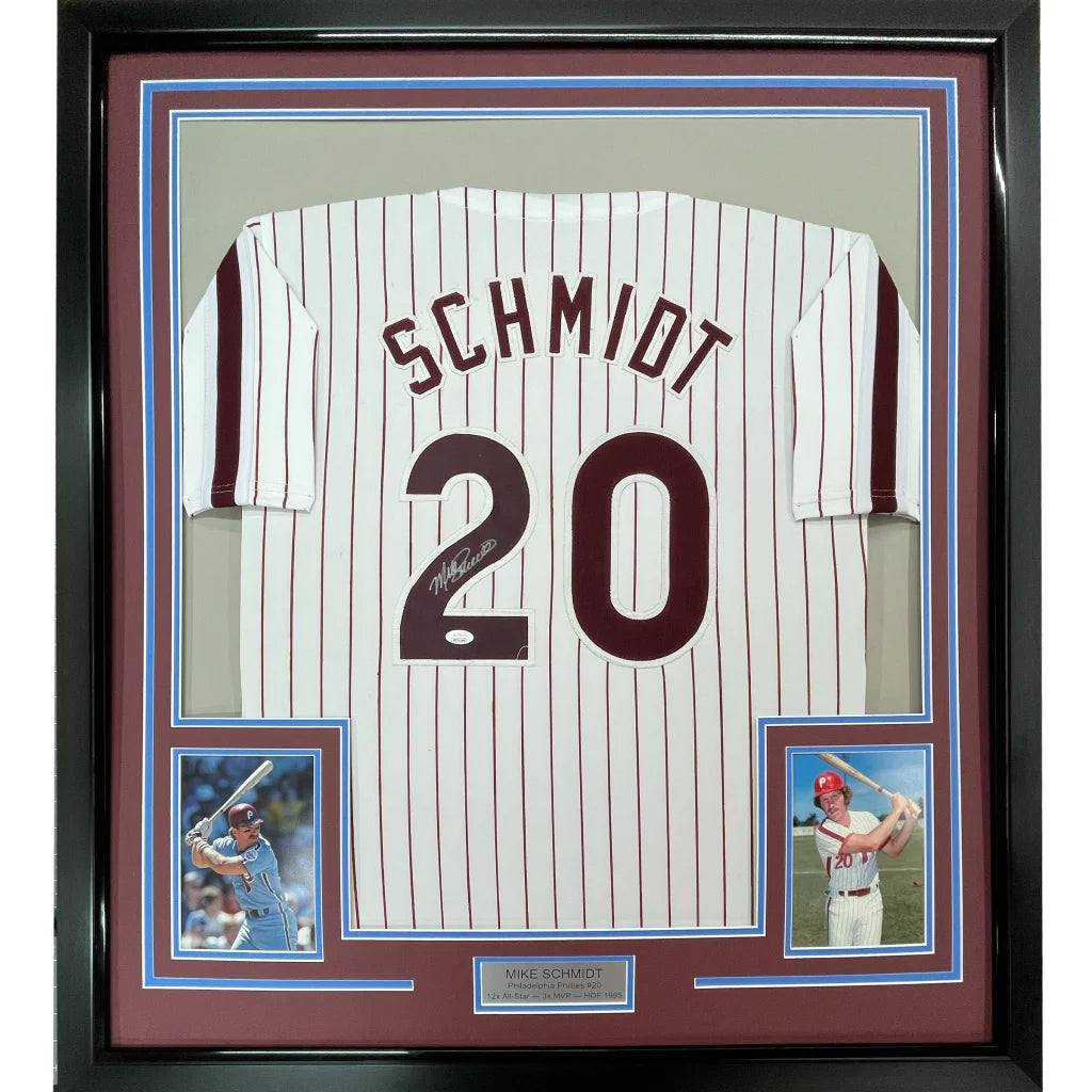 Framed Autographed Mike Schmidt 35x39 Philadelphia Pinstripe Baseball Jersey JSA COA | Hall of Fame Sports Memorabilia | vintageantiquesgifts.com