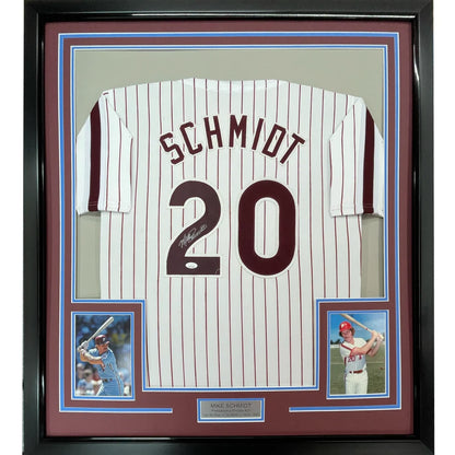 Framed Autographed Mike Schmidt 35x39 Philadelphia Pinstripe Baseball Jersey JSA COA | Hall of Fame Sports Memorabilia | vintageantiquesgifts.com