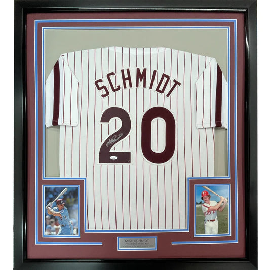 Framed Autographed Mike Schmidt 35x39 Philadelphia Pinstripe Baseball Jersey JSA COA | Hall of Fame Sports Memorabilia | vintageantiquesgifts.com